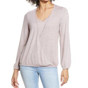NWT Women's Bobeau Wrap Front Lace Trim LongSleeve Hacci Top Pink Sz XS $60 G200